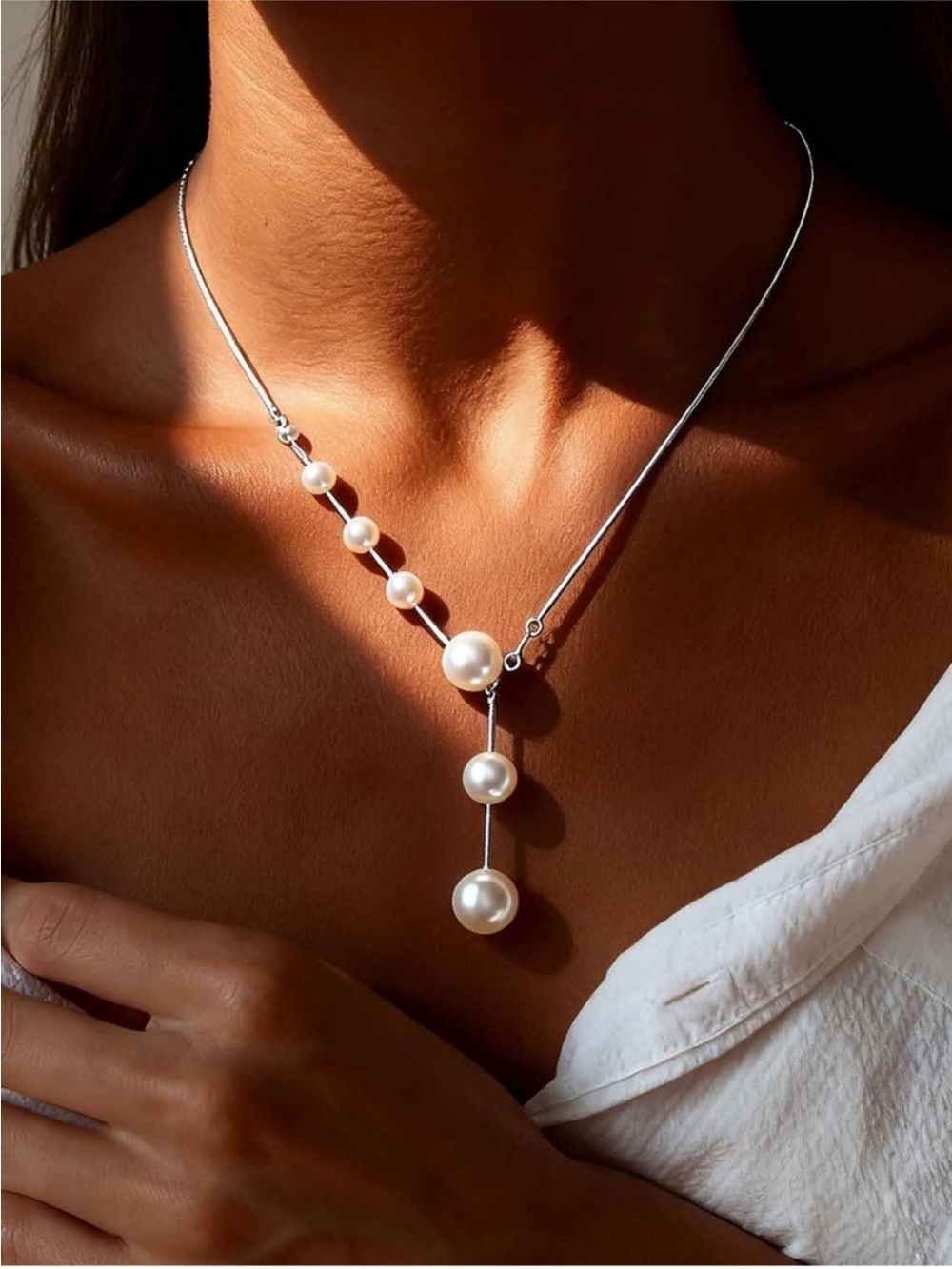 Elegant Silver Tone Pearl Y Necklace – Dainty Pearl Drop Lariat Necklace new